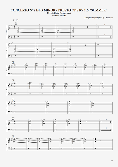Concerto n°2 in G Minor, Op8, RV315 (summer) Antonio Vivaldi guitar pro tab PadSynth Arrangement pour guitare électrique mysongbook