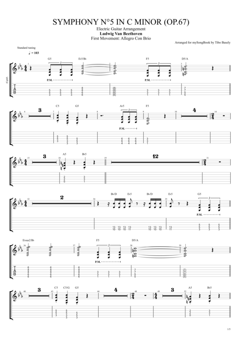 Symphony n°5 in C Minor Op.67 Ludwig Von Beethoven guitar pro tab EGuitarII Electric Guitar Arrangement mysongbook