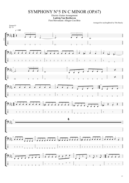 Symphony n°5 in C Minor Op.67 Ludwig Von Beethoven guitar pro tab EBass Electric Guitar Arrangement mysongbook