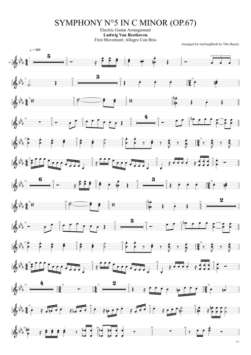 Symphony n°5 in C Minor Op.67 Ludwig Von Beethoven guitar pro tab Flute Electric Guitar Arrangement mysongbook