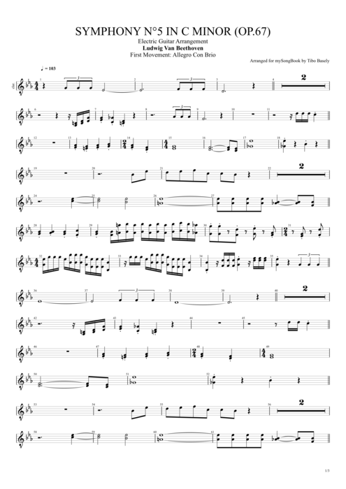 Symphony n°5 in C Minor Op.67 Ludwig Von Beethoven guitar pro tab Clarinet Electric Guitar Arrangement mysongbook