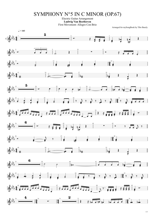 Symphony n°5 in C Minor Op.67 Ludwig Von Beethoven guitar pro tab Oboe Electric Guitar Arrangement mysongbook