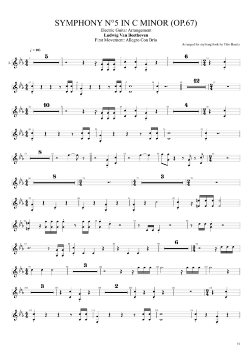 Symphony n°5 in C Minor Op.67 Ludwig Von Beethoven guitar pro tab Trumpet Electric Guitar Arrangement mysongbook