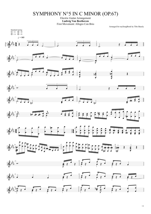 Symphony n°5 in C Minor Op.67 Ludwig Von Beethoven guitar pro tab Strings Electric Guitar Arrangement mysongbook