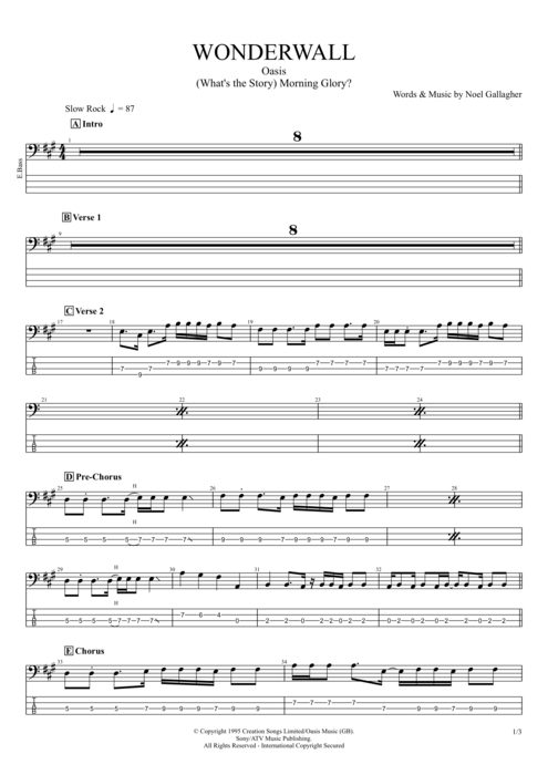 Wonderwall Oasis guitar pro tab EBass Full Score mysongbook