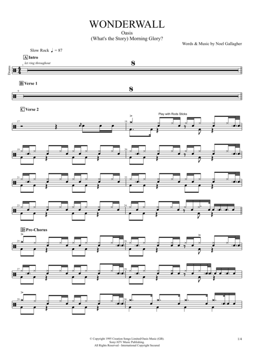 Wonderwall Oasis guitar pro tab Drums Full Score mysongbook