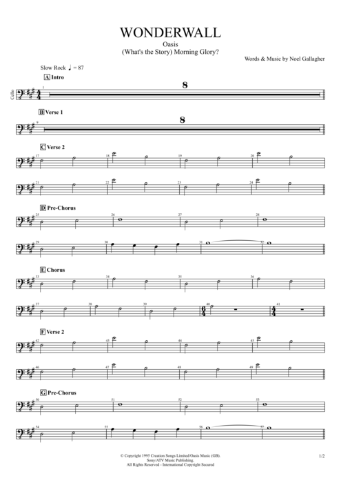 Wonderwall Oasis guitar pro tab Cello Full Score mysongbook