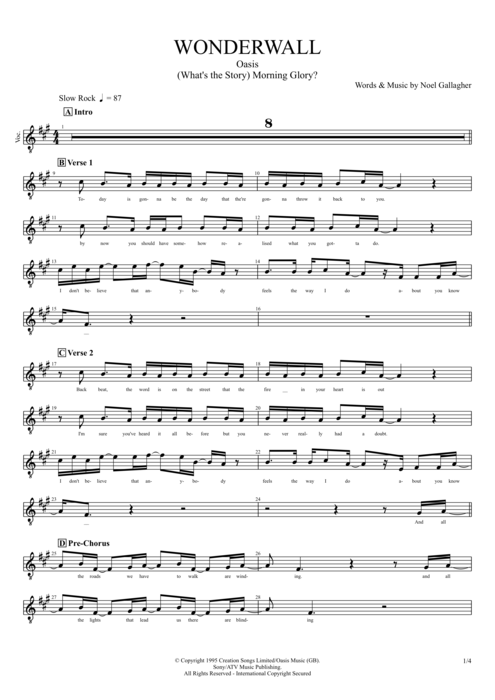 Wonderwall Oasis guitar pro tab Vocals Full Score mysongbook