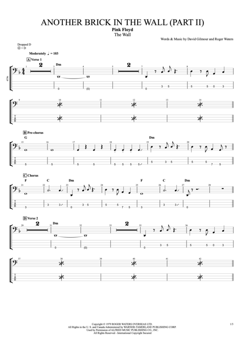 Another Brick in the Wall (Part 2) Pink Floyd guitar pro tab EBass Full Score mysongbook