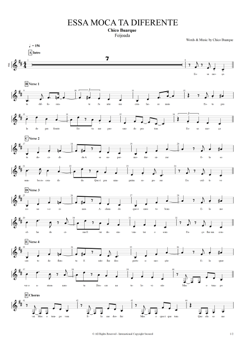 Essa moça tà diferente Chico Buarque guitar pro tab Vocals Full Score mysongbook
