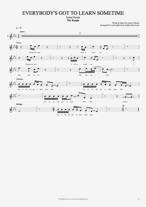 Everybody's Got to Learn Sometime The Korgis guitar pro tab Vocals Guitare et voix mysongbook