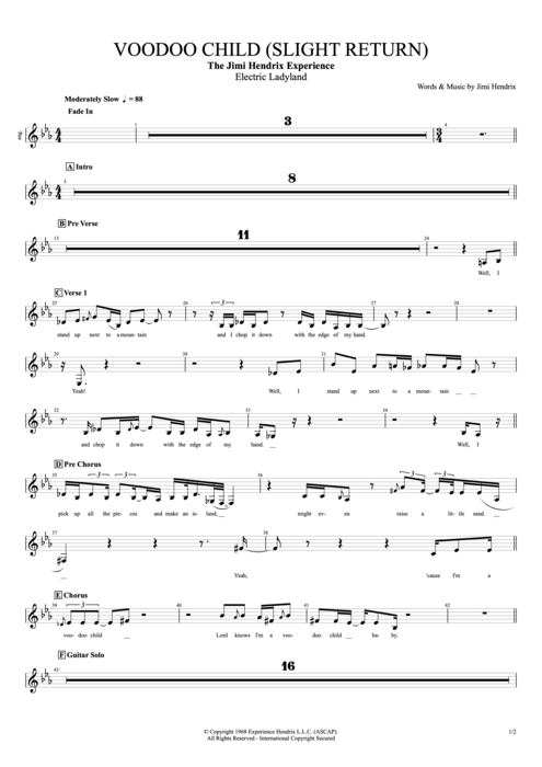 Voodoo Child (Slight Return) Jimi Hendrix guitar pro tab Vocals Full Score mysongbook