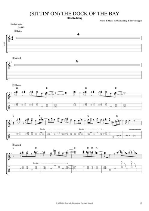 (Sittin' On) The Dock of the Bay Otis Redding guitar pro tab EGuitar Full Score mysongbook