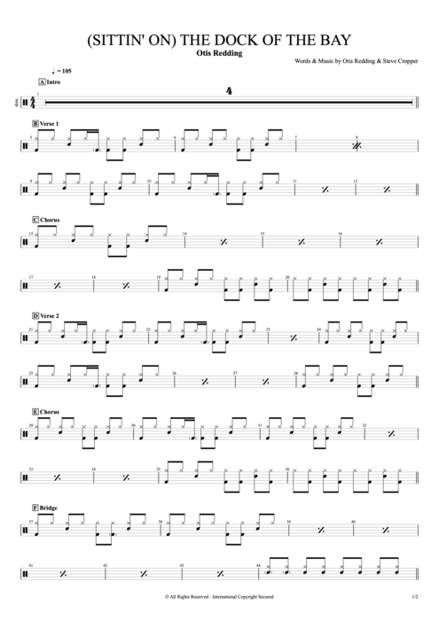 (Sittin' On) The Dock of the Bay Otis Redding guitar pro tab Drums Full Score mysongbook