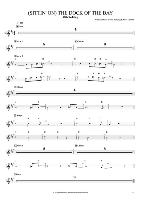 (Sittin' On) The Dock of the Bay Otis Redding guitar pro tab Trumpet Full Score mysongbook