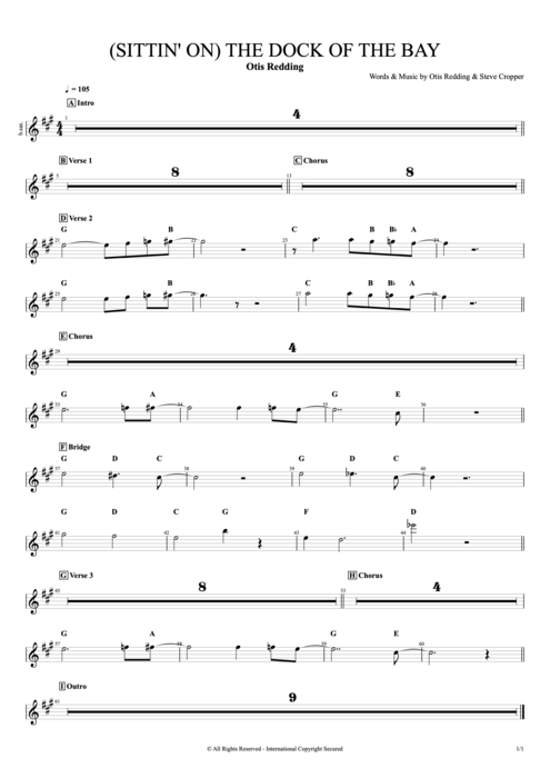 (Sittin' On) The Dock of the Bay Otis Redding guitar pro tab BSax Full Score mysongbook