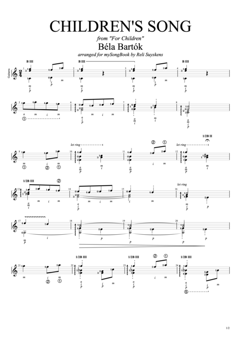 Children's Song Béla Bartók guitar pro tab Guitar Guitare seule mysongbook