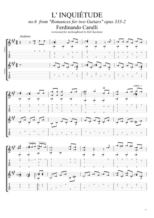 Romanzen Opus 333-2 L'inquietude Ferdinando Carulli guitar pro tab Full Score Guitar Duet mysongbook