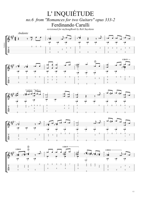 Romanzen Opus 333-2 L'inquietude Ferdinando Carulli guitar pro tab GuitarI Guitar Duet mysongbook