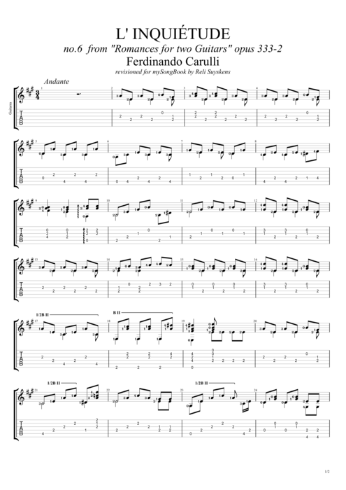 Romanzen Opus 333-2 L'inquietude Ferdinando Carulli guitar pro tab GuitarII Guitar Duet mysongbook