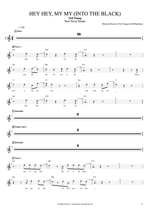 Hey Hey, My My (Into the Black) Neil Young guitar pro tab Vocals Full Score mysongbook