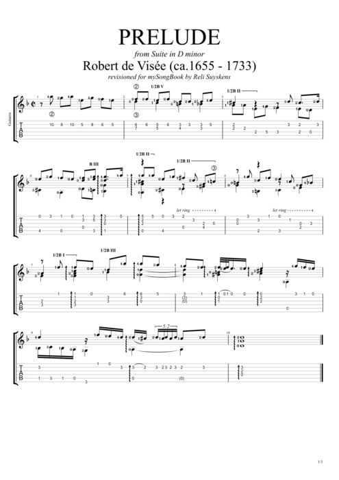 Suite in D Minor - Prelude Robert de Visée guitar pro tab Prélude Guitare seule mysongbook