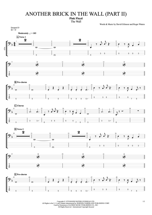 Another Brick in the Wall (Part 2) Pink Floyd guitar pro tab EBass Full Score simplificada mysongbook