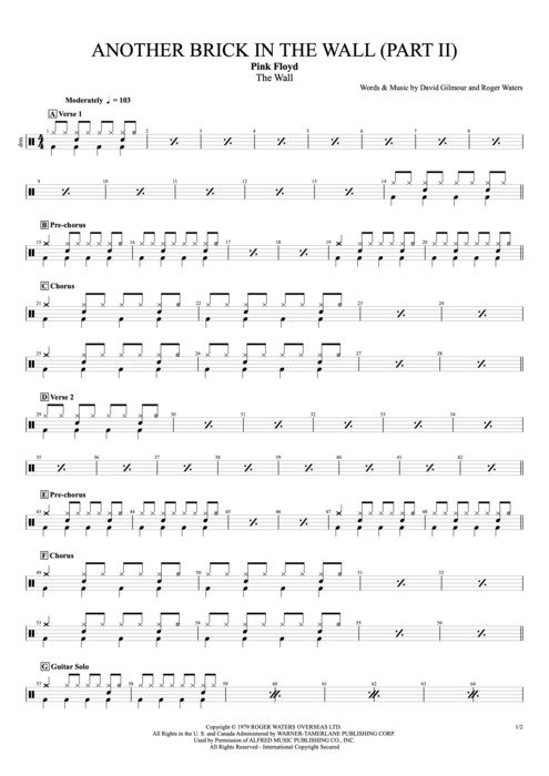 Another Brick in the Wall (Part 2) Pink Floyd guitar pro tab Drums Full Score simplificada mysongbook