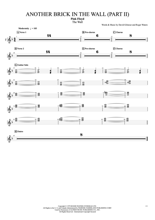 Another Brick in the Wall (Part 2) Pink Floyd guitar pro tab Organ Full Score simplificada mysongbook