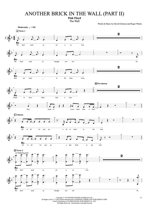 Another Brick in the Wall (Part 2) Pink Floyd guitar pro tab Vocals Full Score simplificada mysongbook
